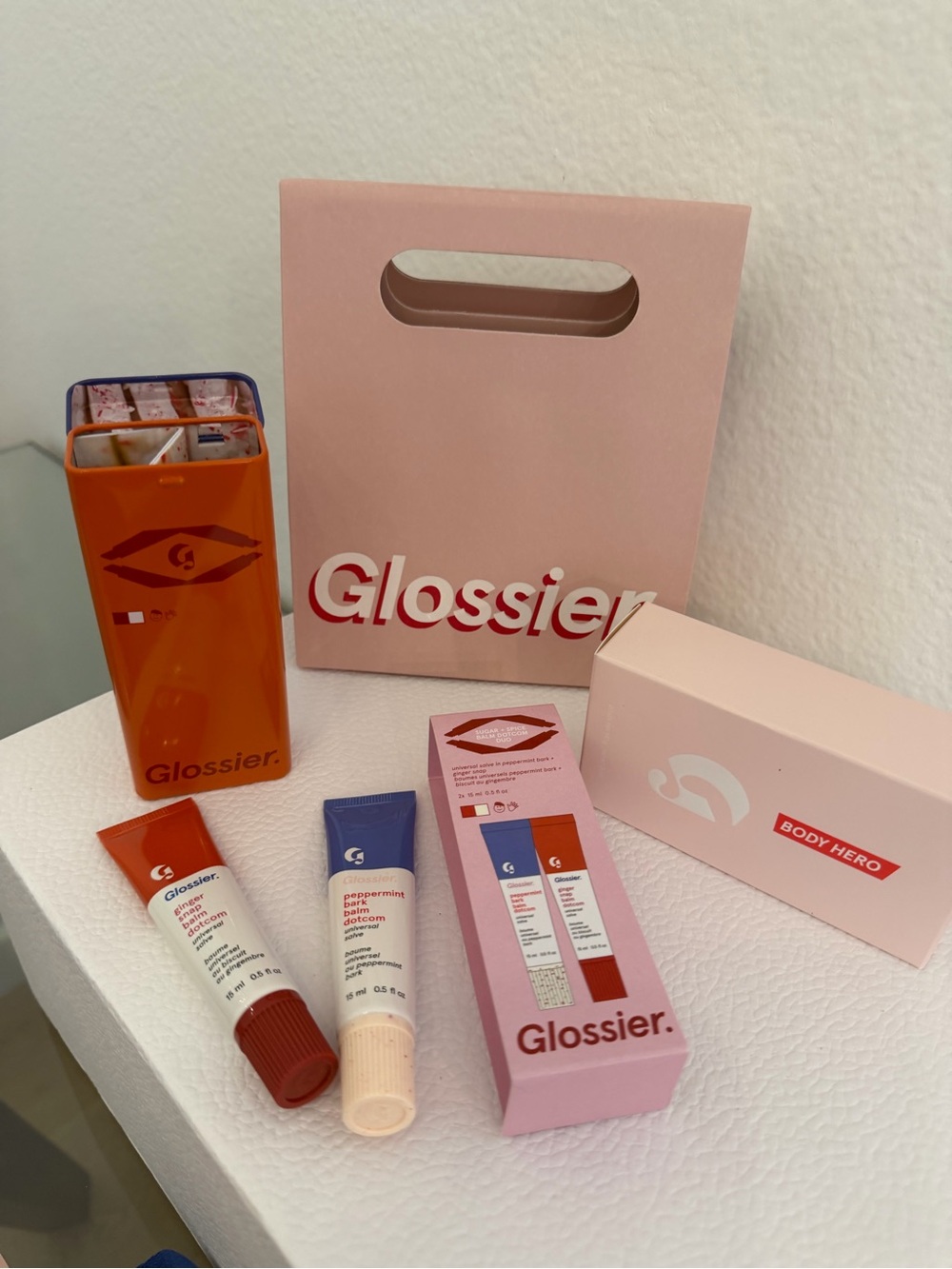 Glossier Balm Dotcom Hydrating Lip Balm Duo & Body Hero Exfoliating Bar NEW